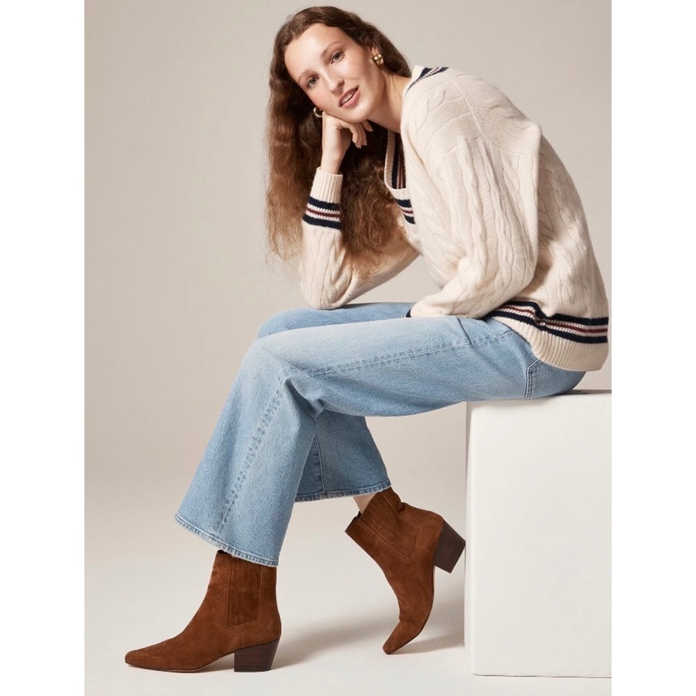 J.Crew Women Tan Suede Pointed Toe Chelsea Ankle Boots Stacked‎ Heel FA24